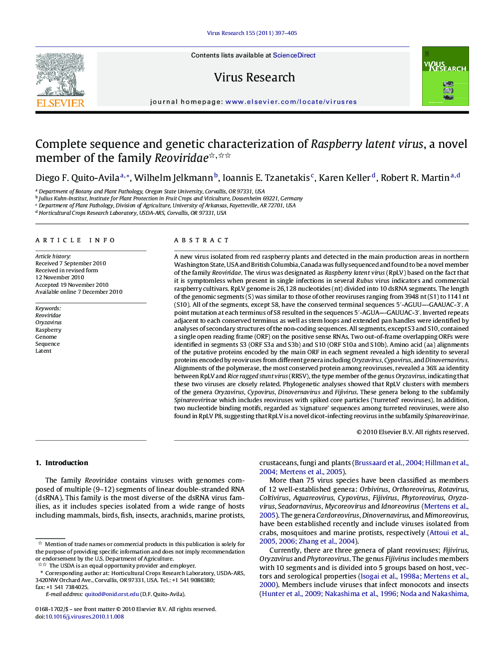 Complete sequence and genetic characterization of Raspberry latent virus, a novel member of the family Reoviridae 