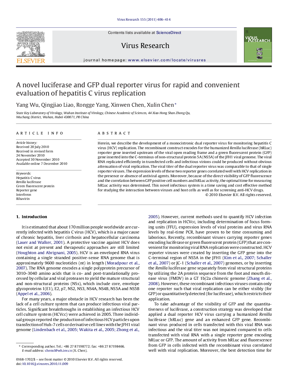 A novel luciferase and GFP dual reporter virus for rapid and convenient evaluation of hepatitis C virus replication