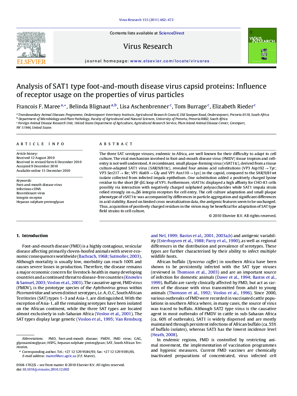 Analysis of SAT1 type foot-and-mouth disease virus capsid proteins: Influence of receptor usage on the properties of virus particles