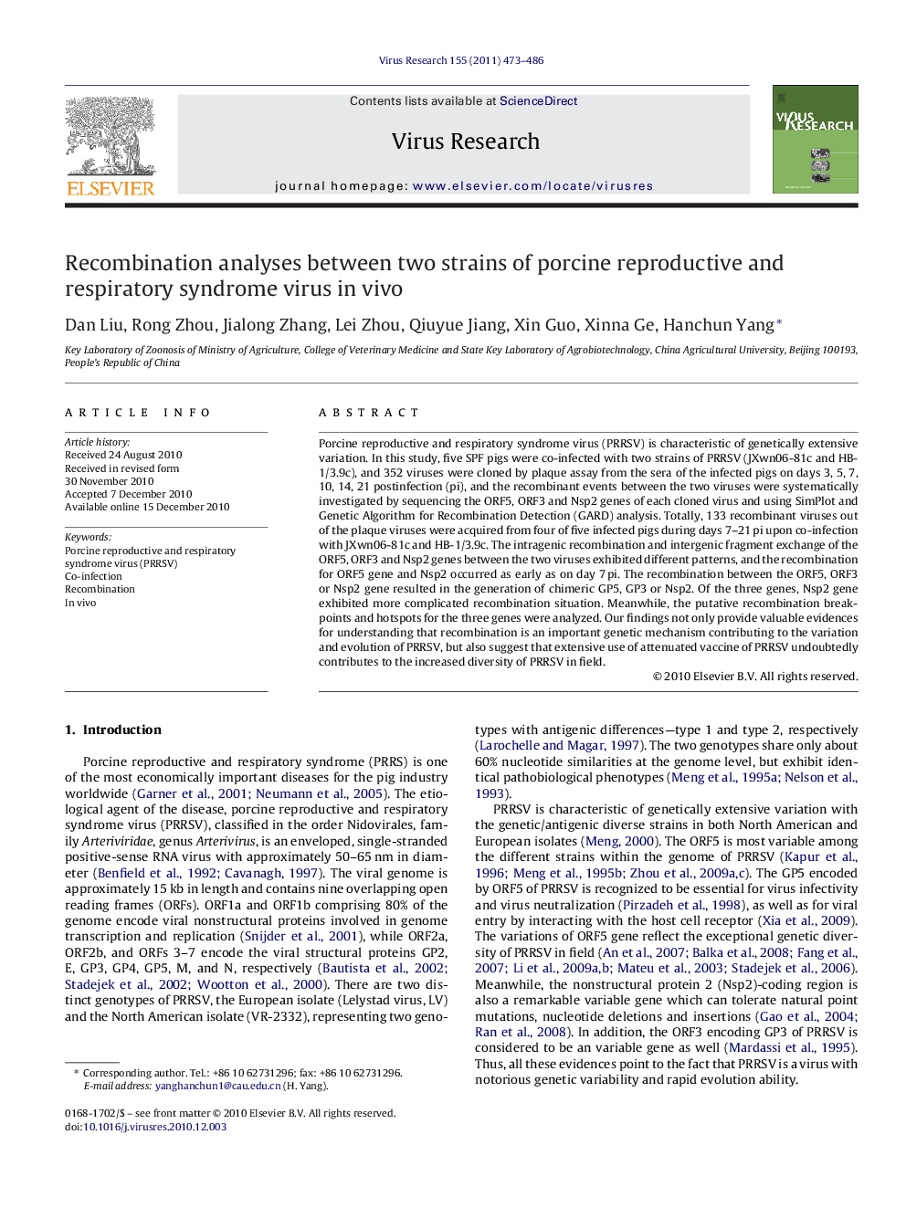 Recombination analyses between two strains of porcine reproductive and respiratory syndrome virus in vivo