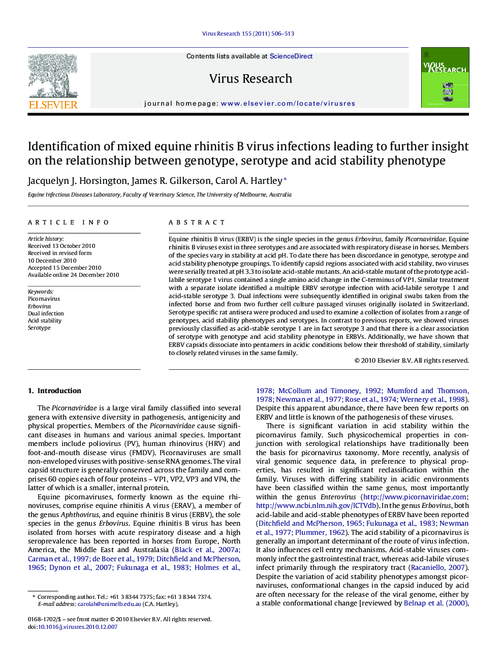 Identification of mixed equine rhinitis B virus infections leading to further insight on the relationship between genotype, serotype and acid stability phenotype