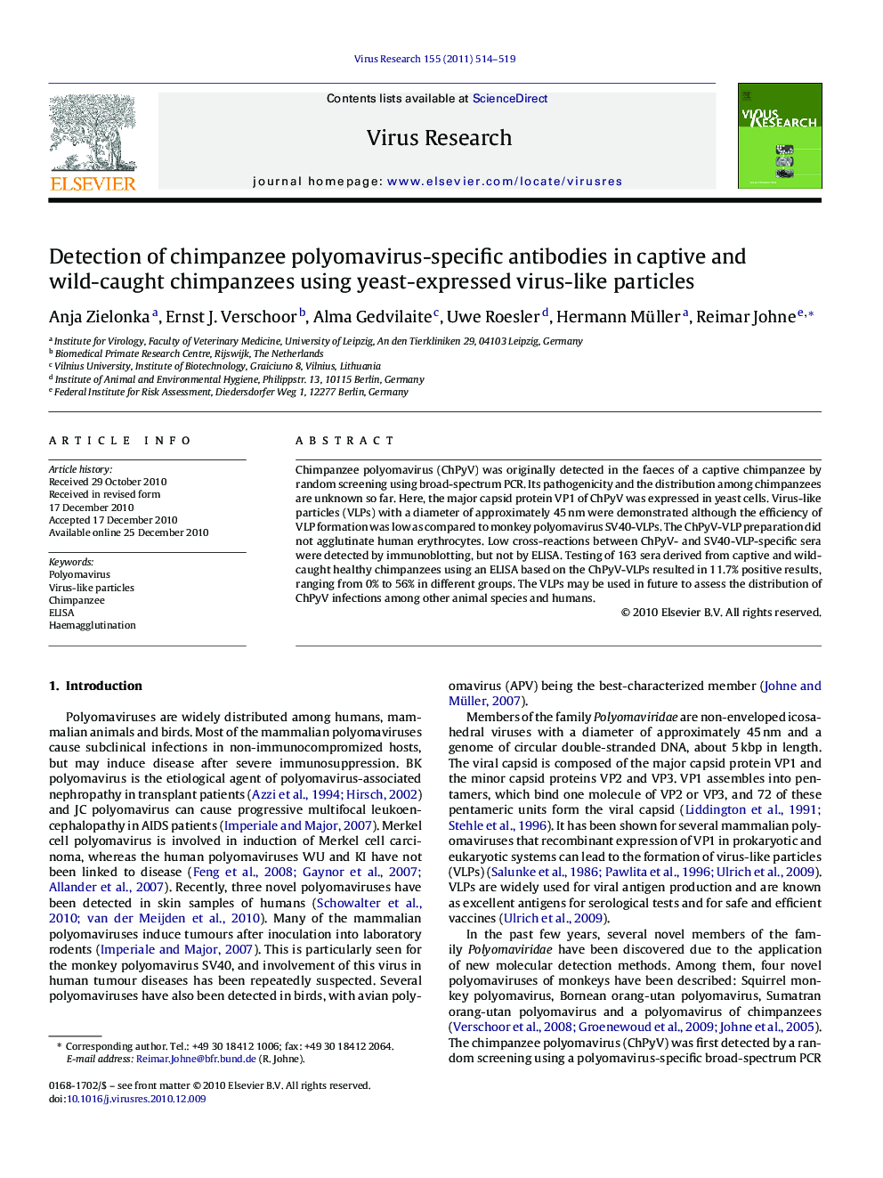 Detection of chimpanzee polyomavirus-specific antibodies in captive and wild-caught chimpanzees using yeast-expressed virus-like particles