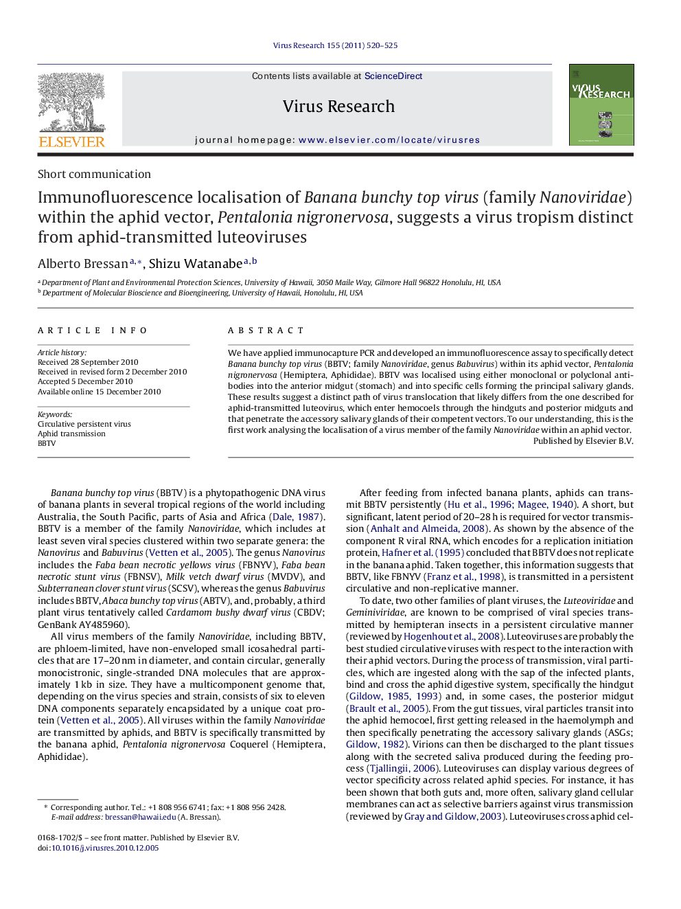 Immunofluorescence localisation of Banana bunchy top virus (family Nanoviridae) within the aphid vector, Pentalonia nigronervosa, suggests a virus tropism distinct from aphid-transmitted luteoviruses