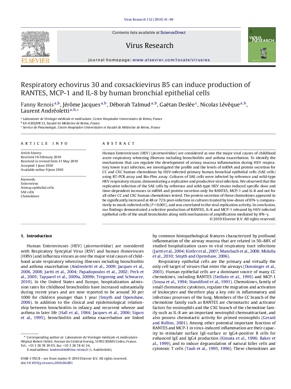 Respiratory echovirus 30 and coxsackievirus B5 can induce production of RANTES, MCP-1 and IL-8 by human bronchial epithelial cells