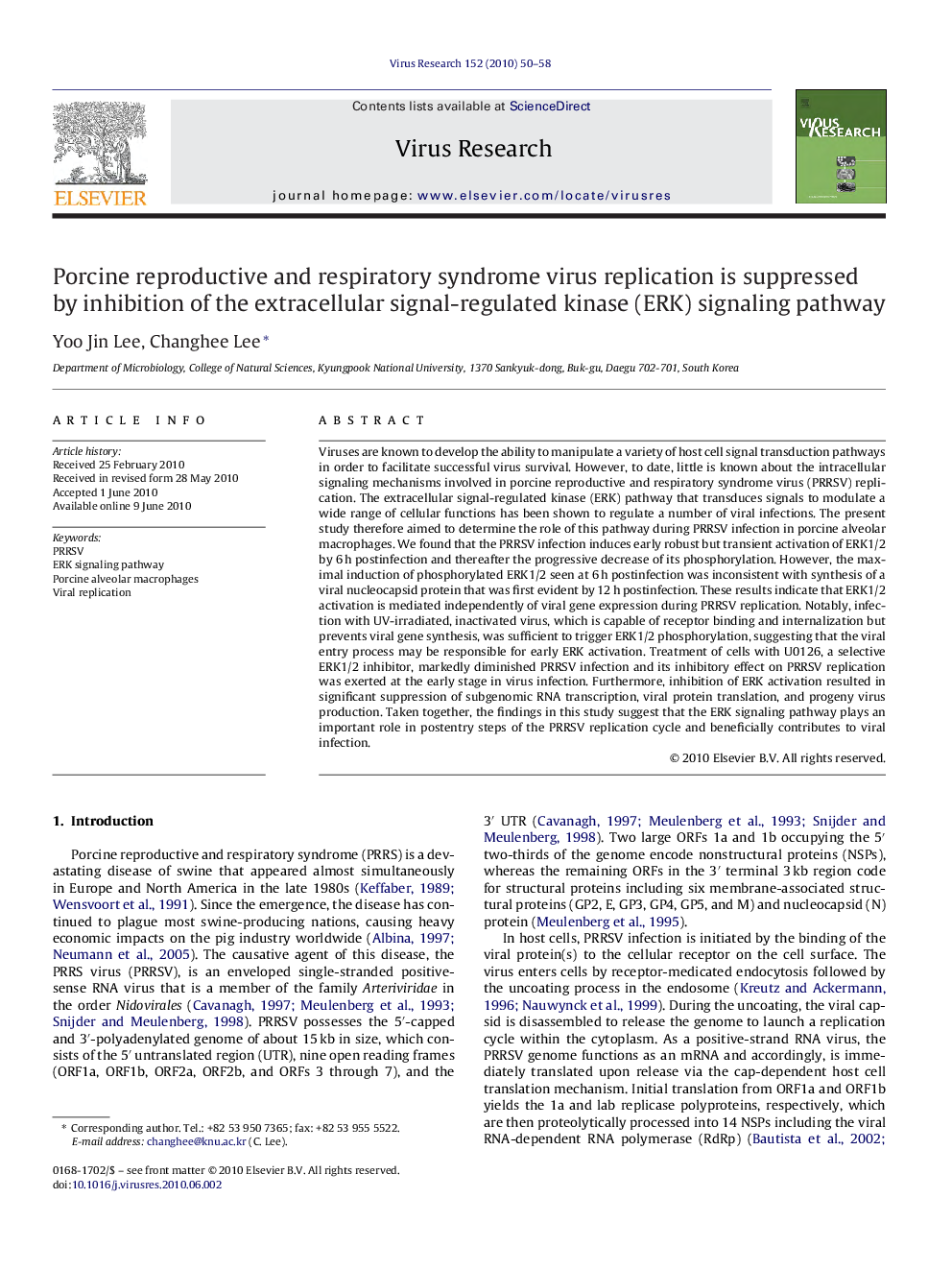 Porcine reproductive and respiratory syndrome virus replication is suppressed by inhibition of the extracellular signal-regulated kinase (ERK) signaling pathway