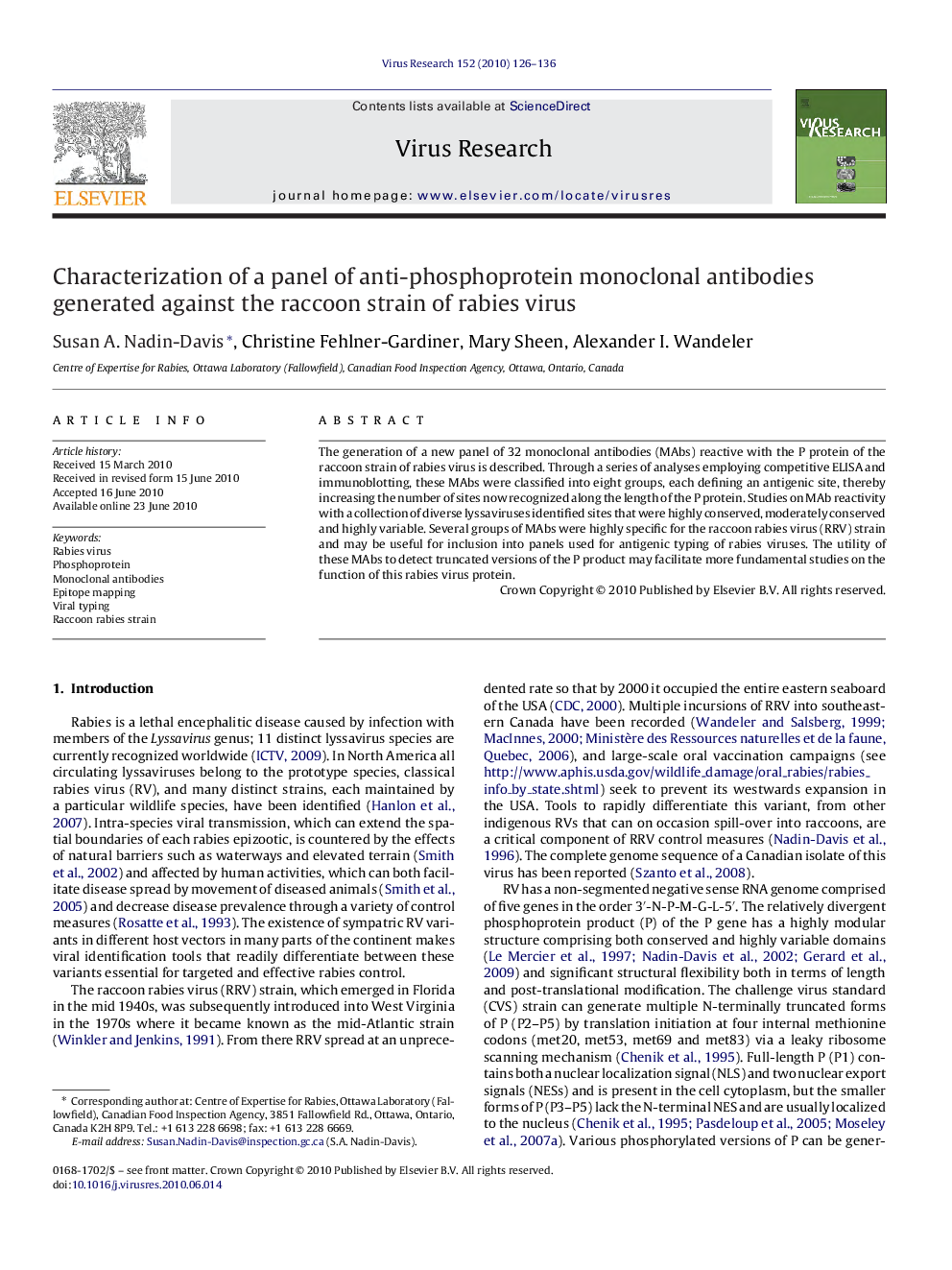 Characterization of a panel of anti-phosphoprotein monoclonal antibodies generated against the raccoon strain of rabies virus