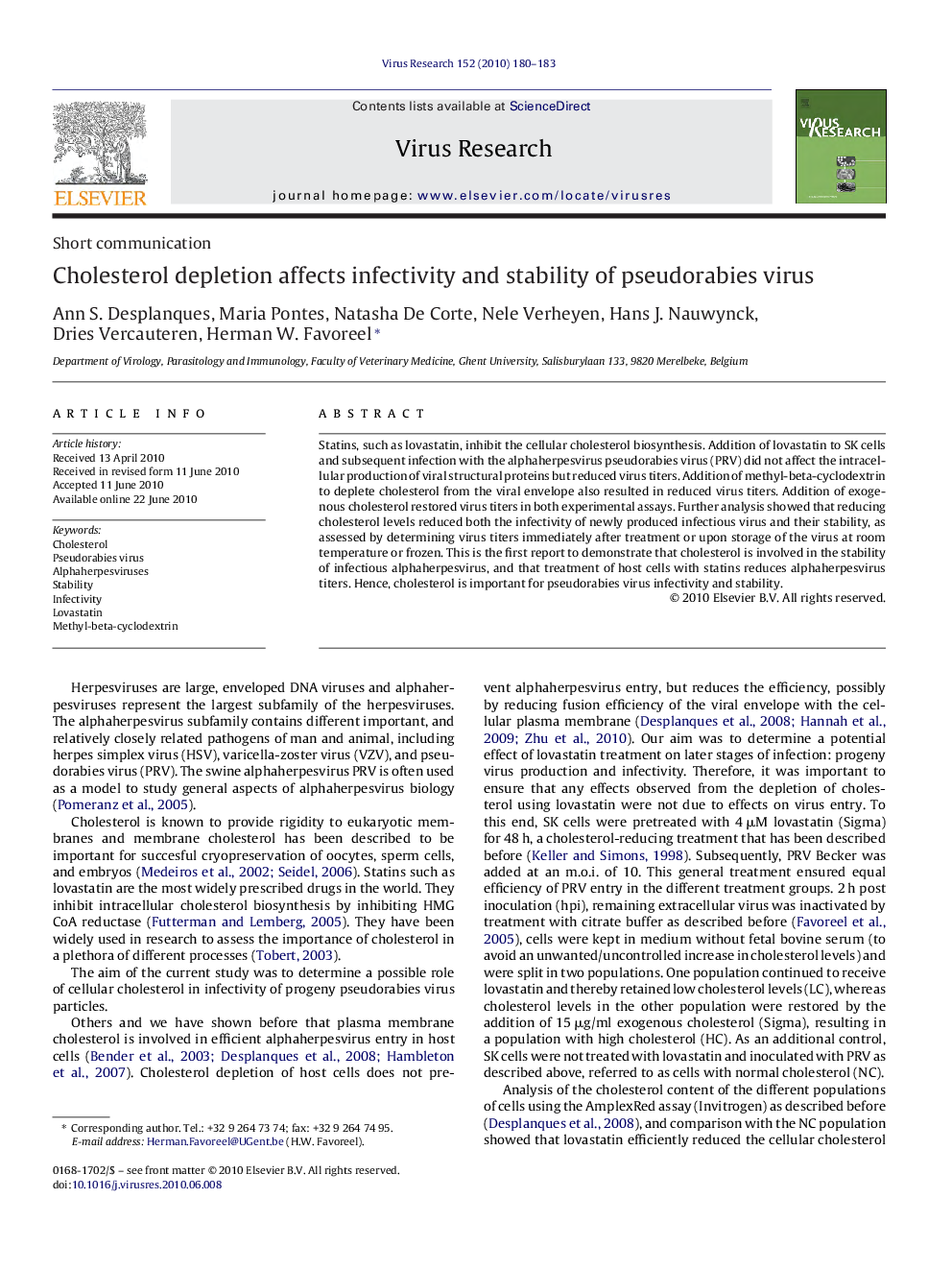 Cholesterol depletion affects infectivity and stability of pseudorabies virus