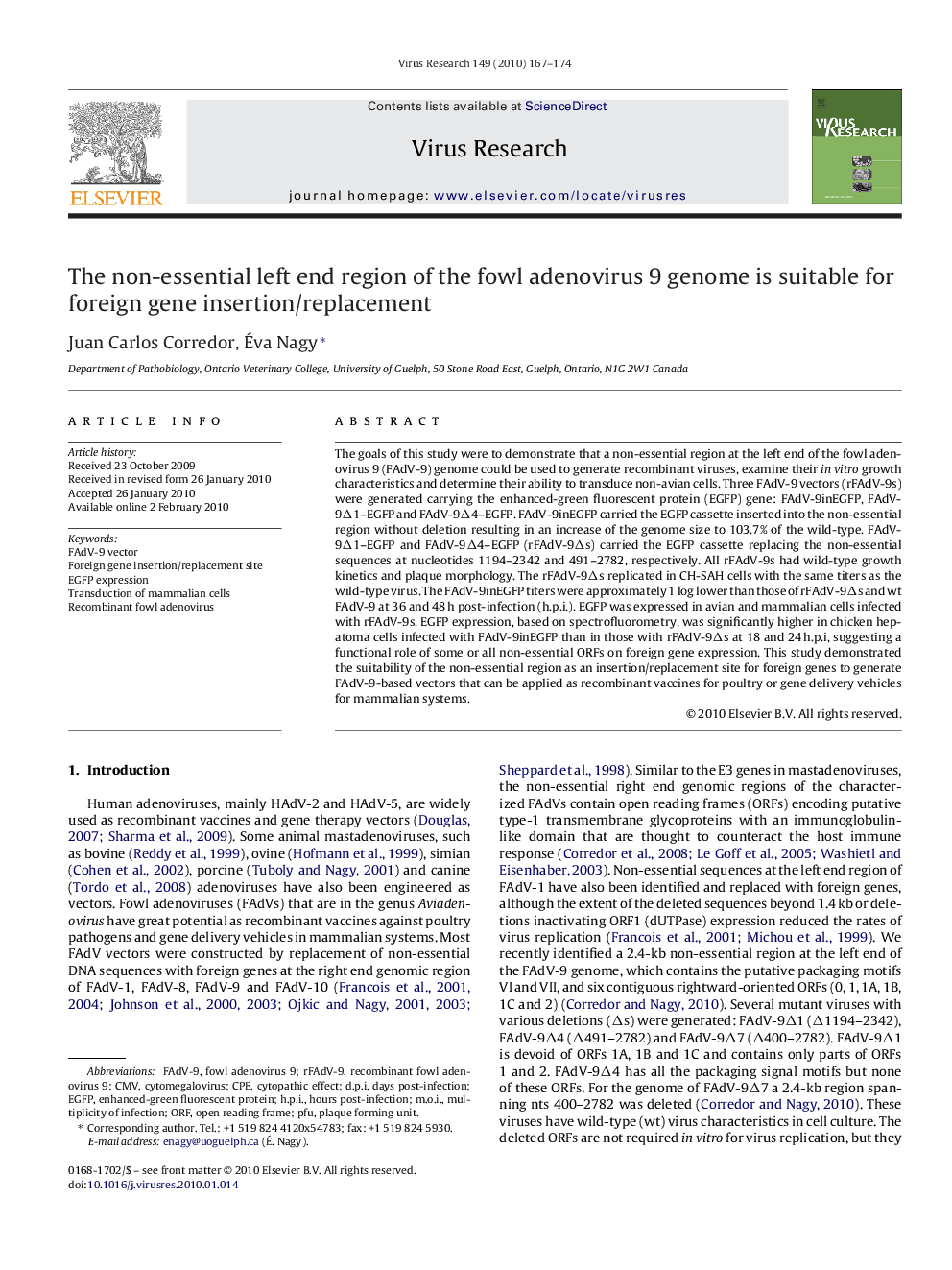 The non-essential left end region of the fowl adenovirus 9 genome is suitable for foreign gene insertion/replacement