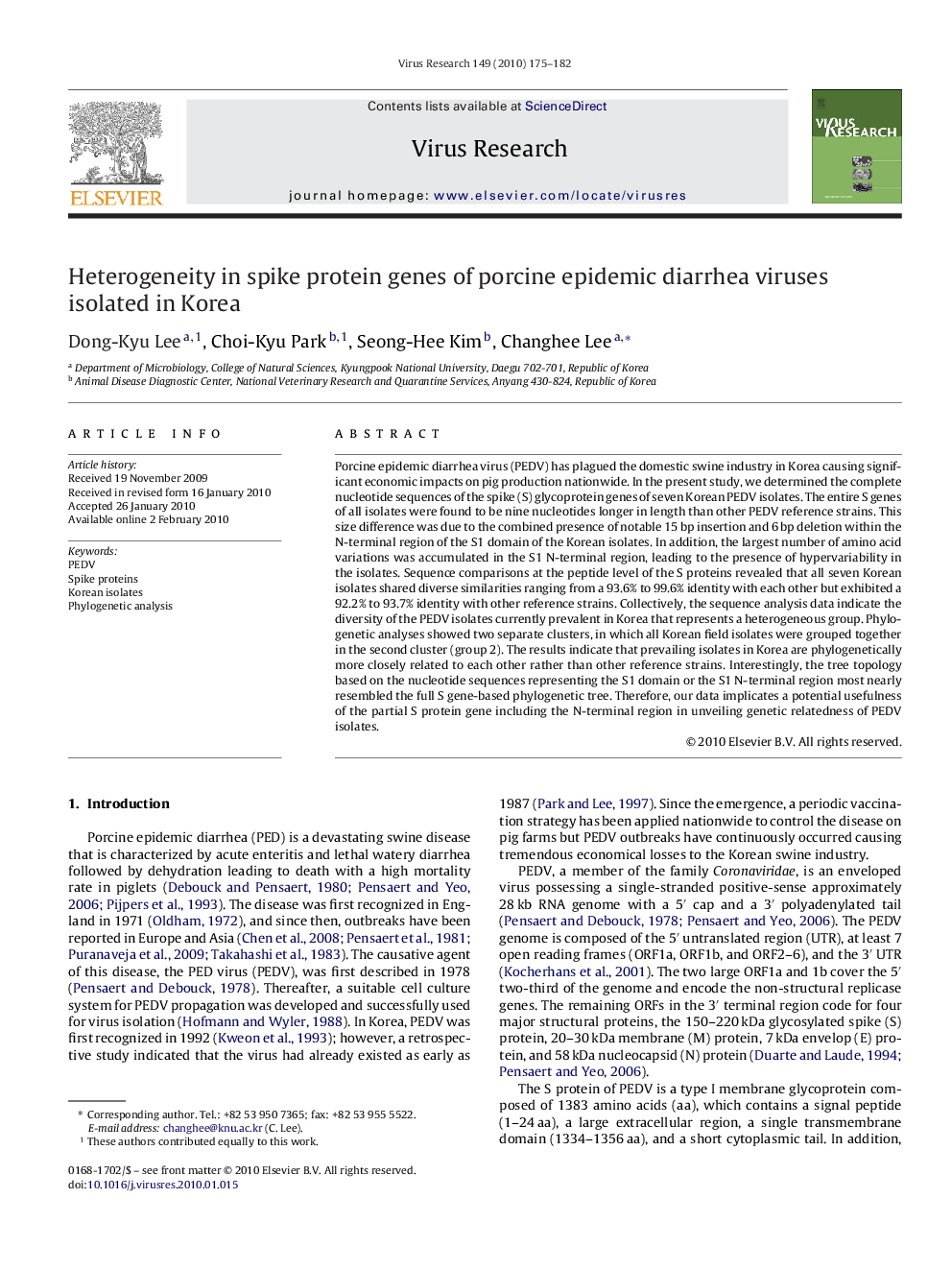 Heterogeneity in spike protein genes of porcine epidemic diarrhea viruses isolated in Korea