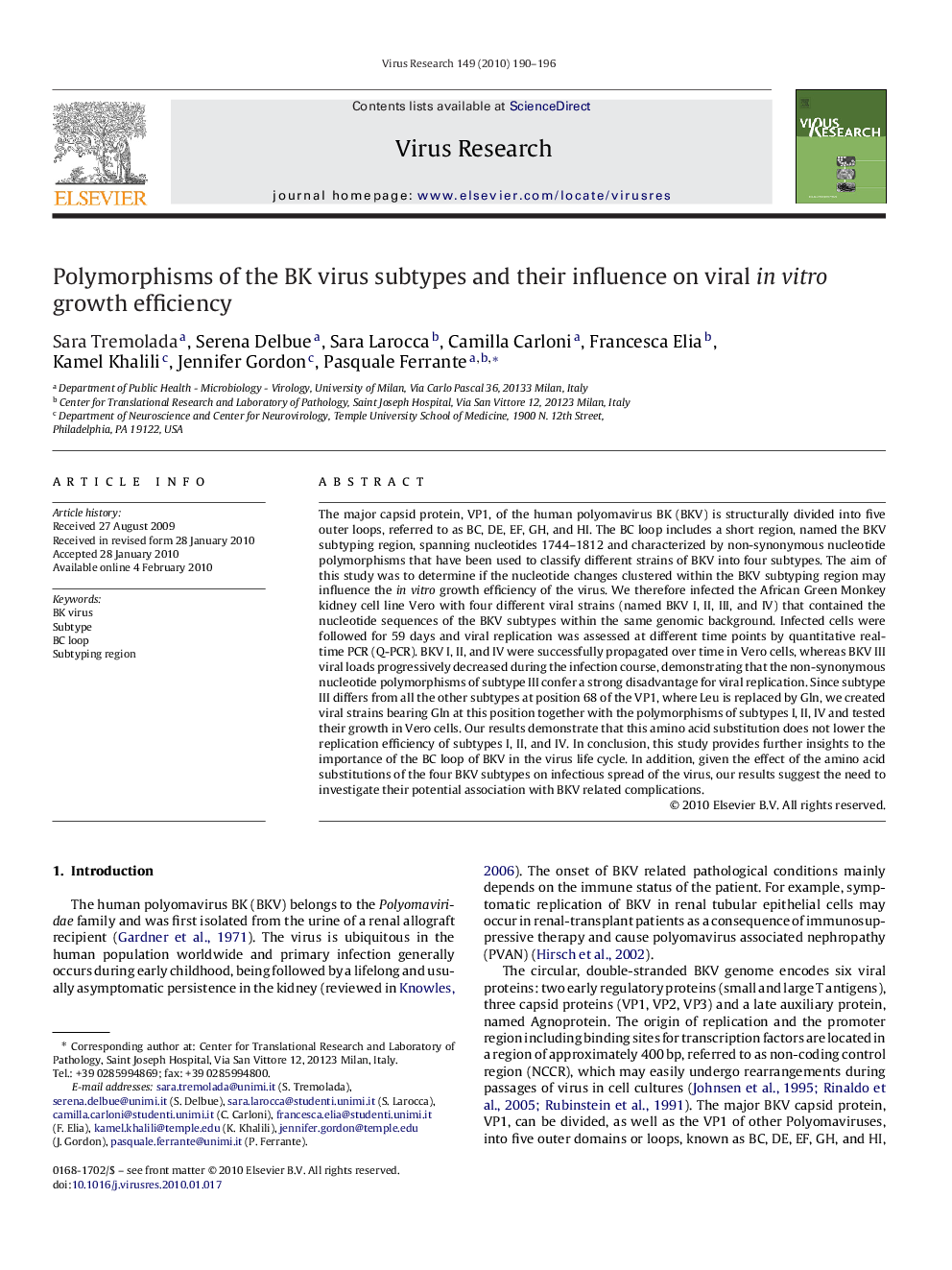 Polymorphisms of the BK virus subtypes and their influence on viral in vitro growth efficiency