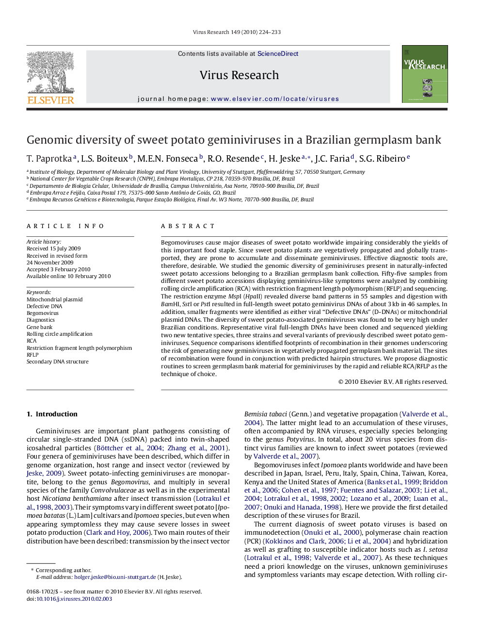 Genomic diversity of sweet potato geminiviruses in a Brazilian germplasm bank