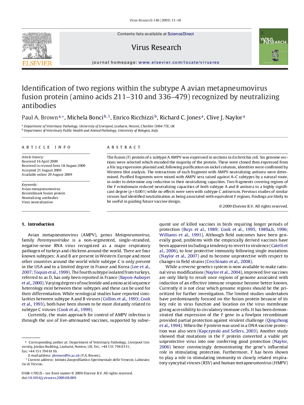 Identification of two regions within the subtype A avian metapneumovirus fusion protein (amino acids 211–310 and 336–479) recognized by neutralizing antibodies