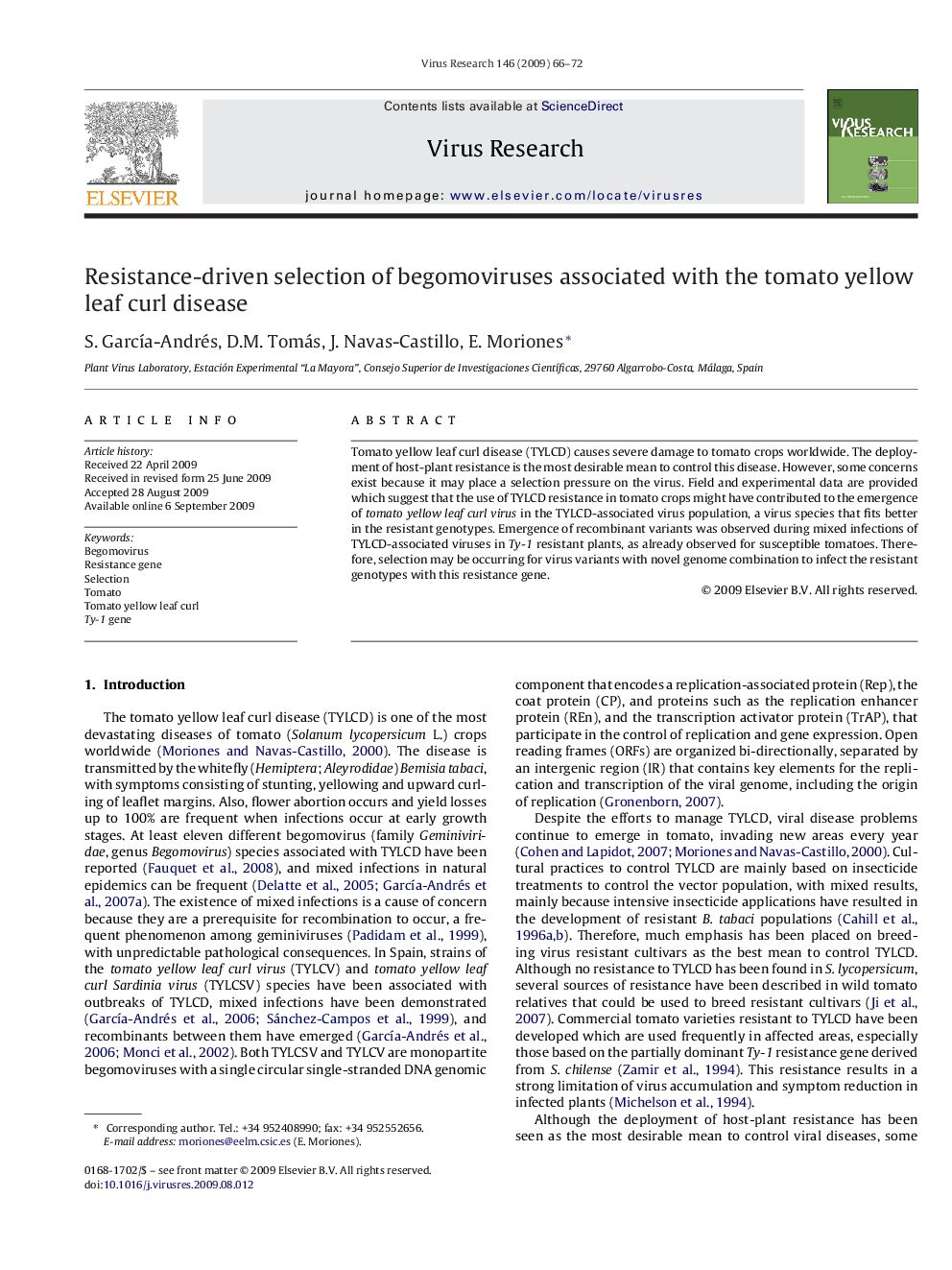 Resistance-driven selection of begomoviruses associated with the tomato yellow leaf curl disease