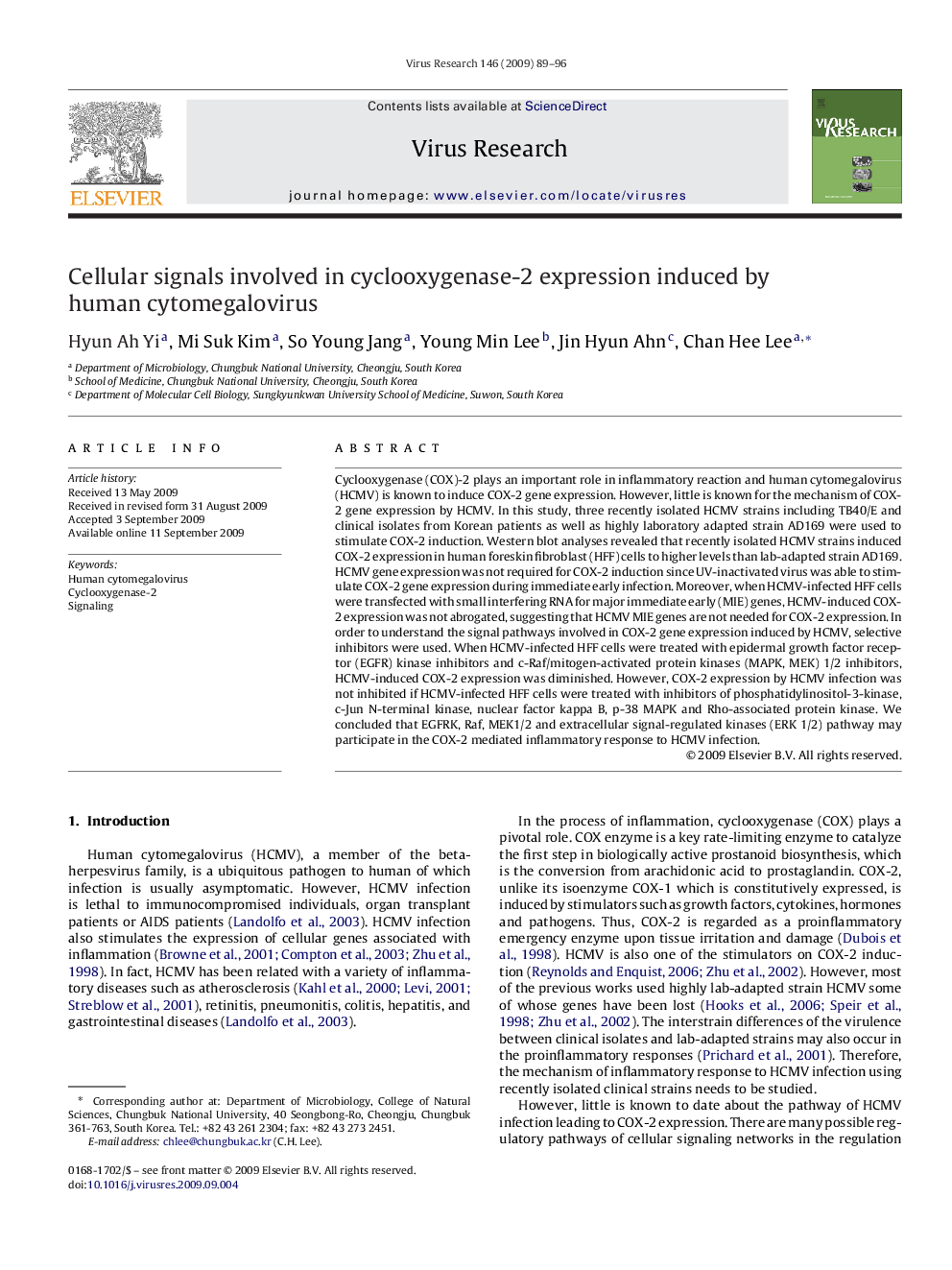 Cellular signals involved in cyclooxygenase-2 expression induced by human cytomegalovirus