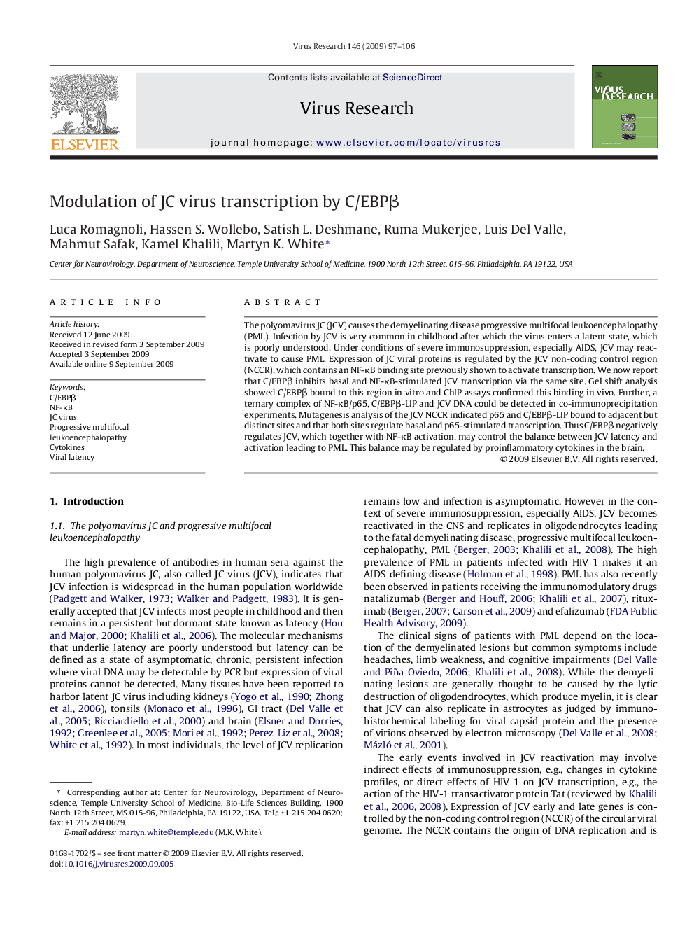 Modulation of JC virus transcription by C/EBPβ