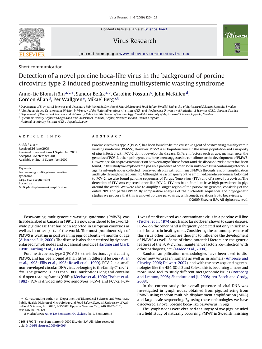 Detection of a novel porcine boca-like virus in the background of porcine circovirus type 2 induced postweaning multisystemic wasting syndrome