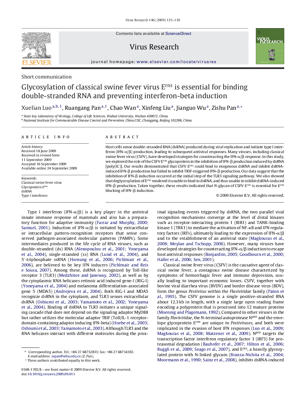 Glycosylation of classical swine fever virus Erns is essential for binding double-stranded RNA and preventing interferon-beta induction