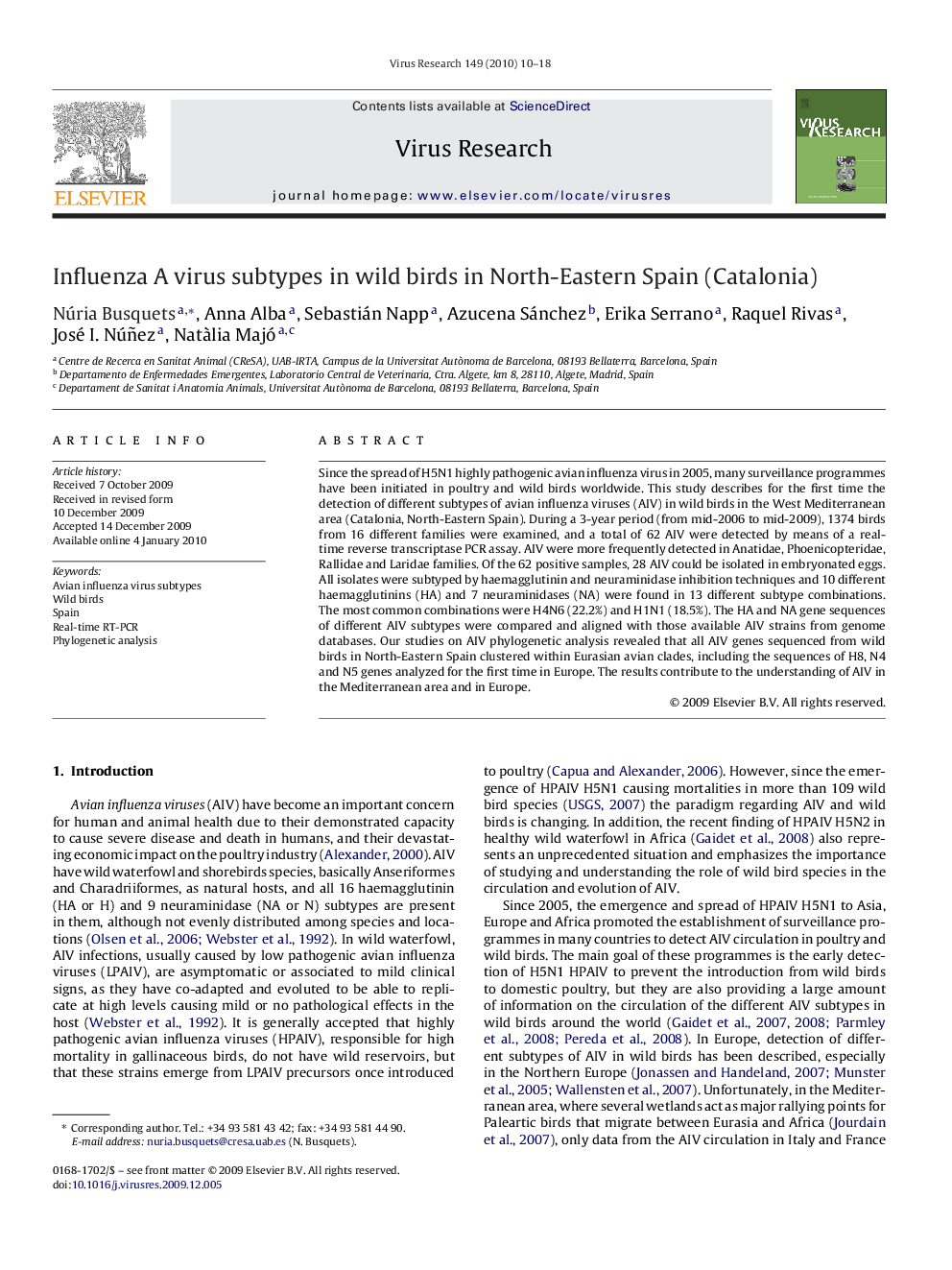 Influenza A virus subtypes in wild birds in North-Eastern Spain (Catalonia)