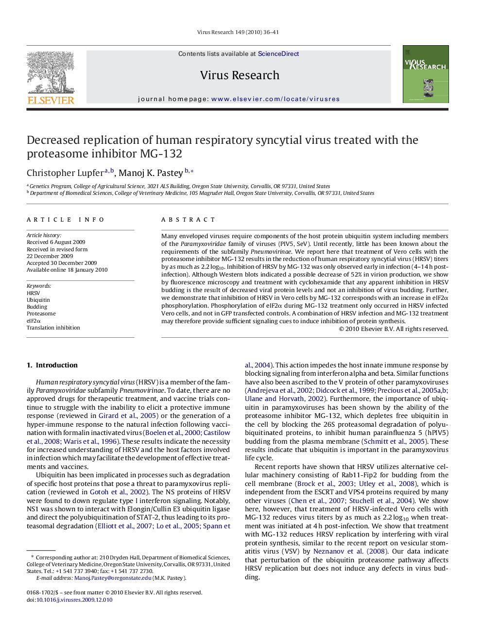 Decreased replication of human respiratory syncytial virus treated with the proteasome inhibitor MG-132