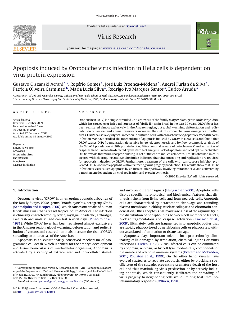 Apoptosis induced by Oropouche virus infection in HeLa cells is dependent on virus protein expression