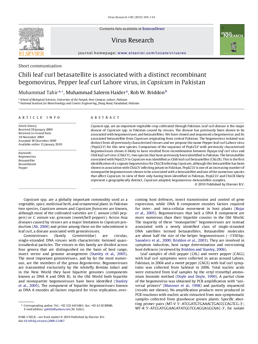 Chili leaf curl betasatellite is associated with a distinct recombinant begomovirus, Pepper leaf curl Lahore virus, in Capsicum in Pakistan