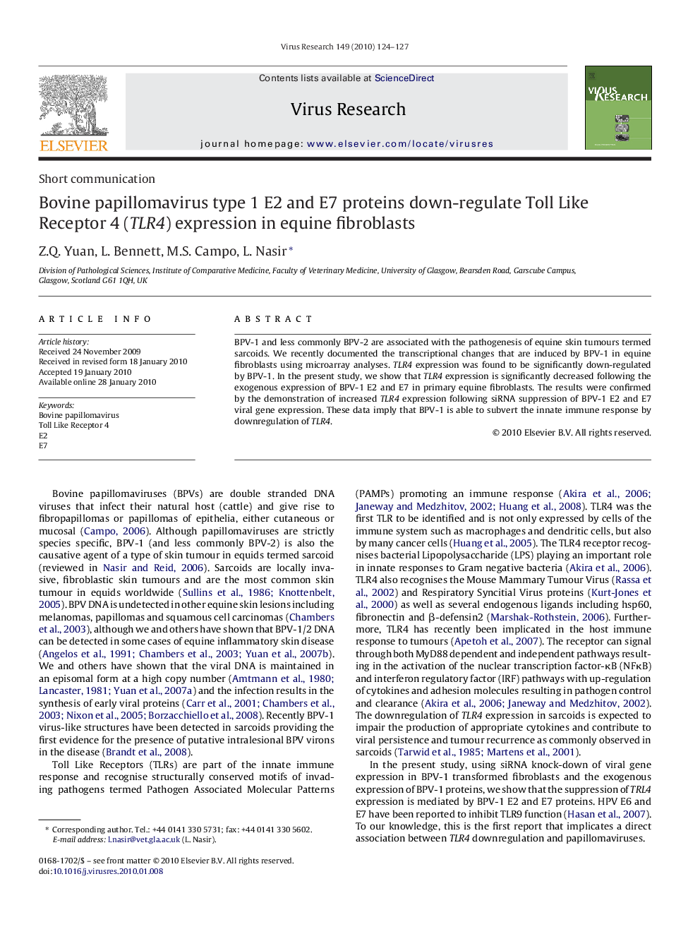 Bovine papillomavirus type 1 E2 and E7 proteins down-regulate Toll Like Receptor 4 (TLR4) expression in equine fibroblasts