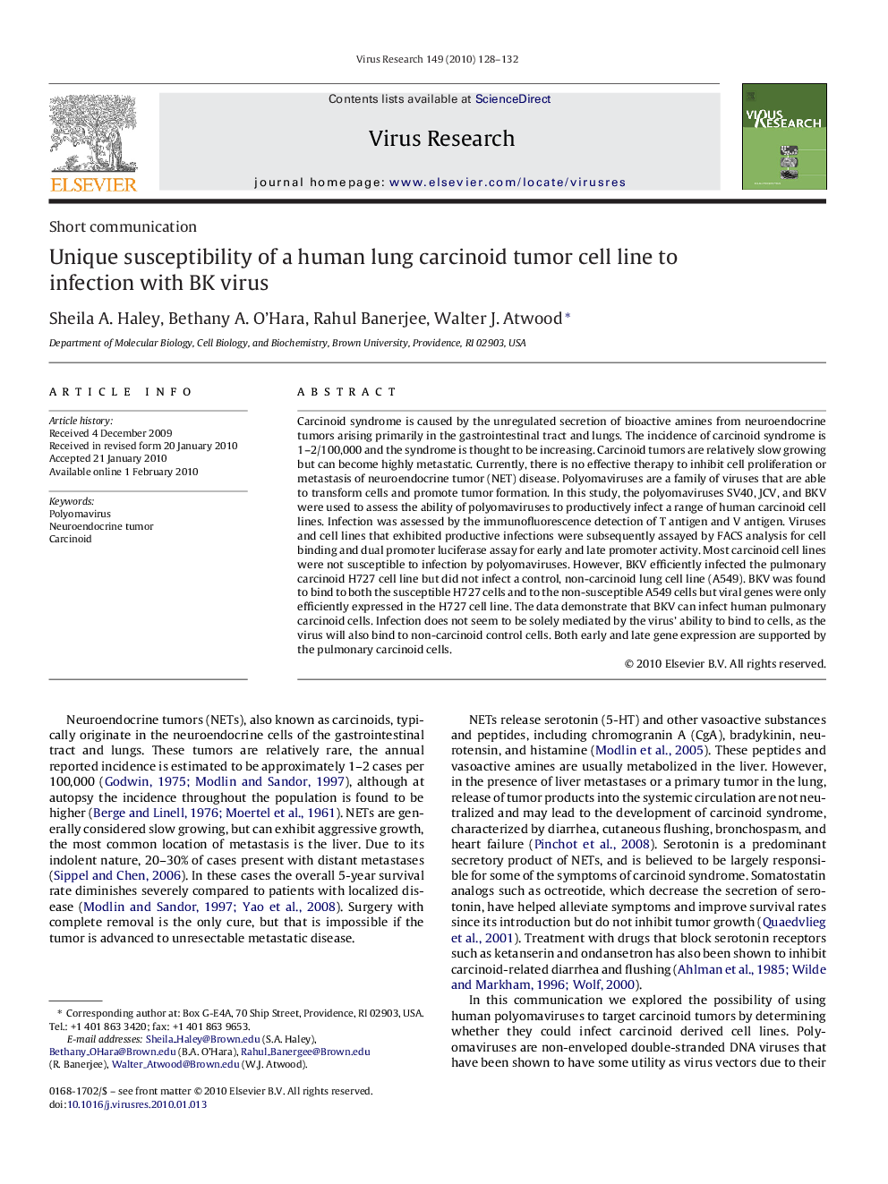 Unique susceptibility of a human lung carcinoid tumor cell line to infection with BK virus