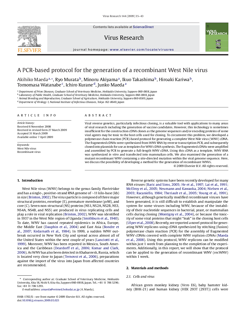 A PCR-based protocol for the generation of a recombinant West Nile virus