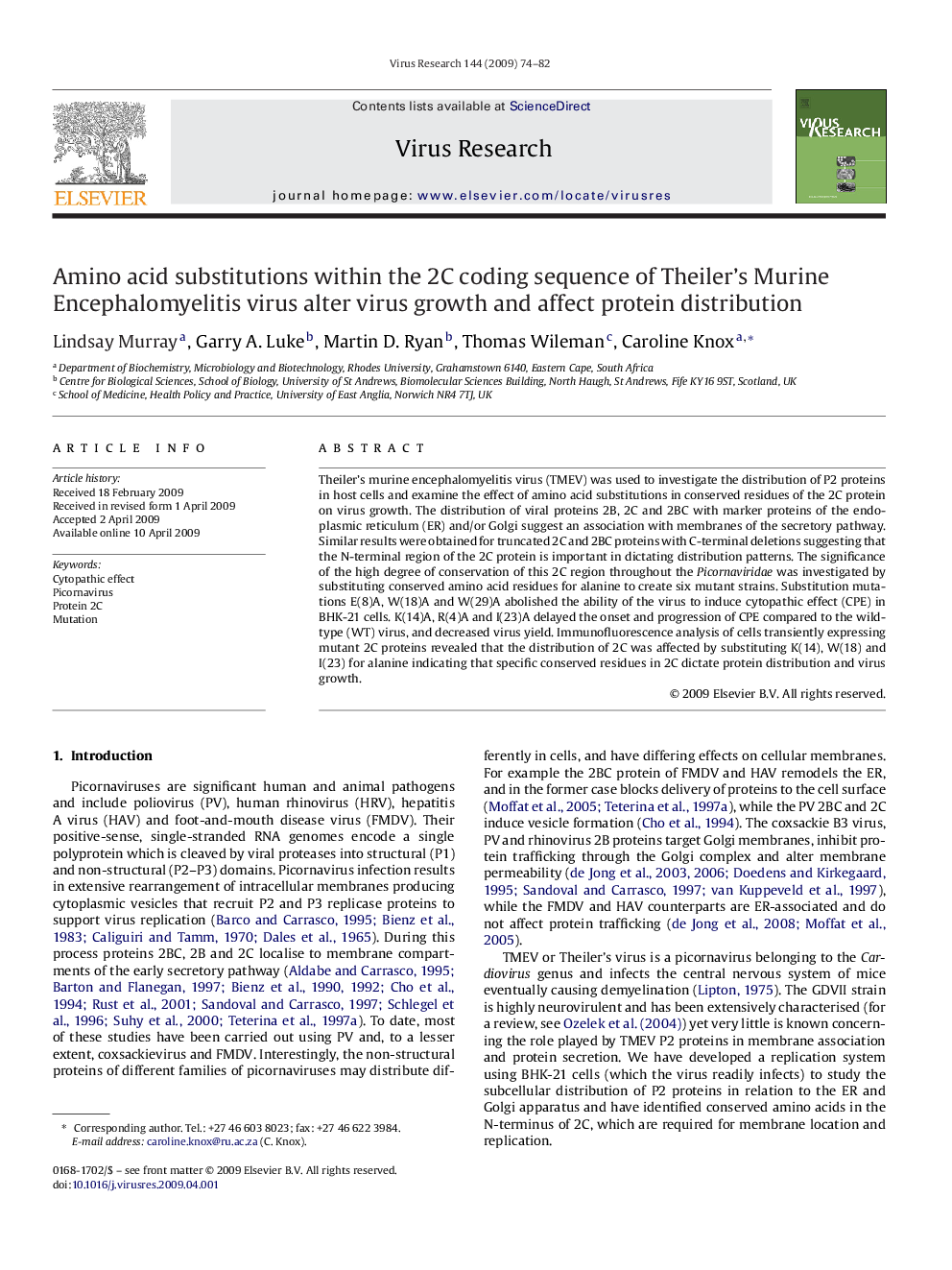 Amino acid substitutions within the 2C coding sequence of Theiler's Murine Encephalomyelitis virus alter virus growth and affect protein distribution