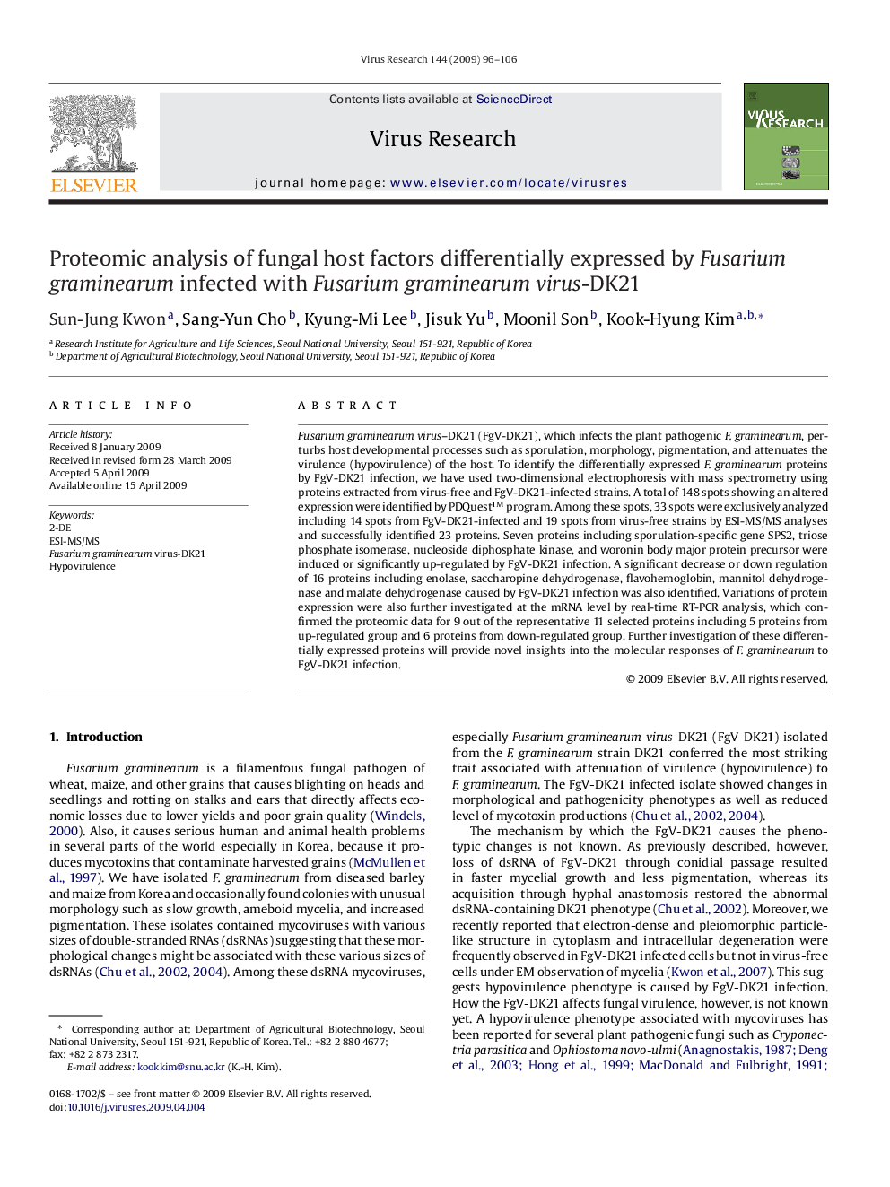 Proteomic analysis of fungal host factors differentially expressed by Fusarium graminearum infected with Fusarium graminearum virus-DK21