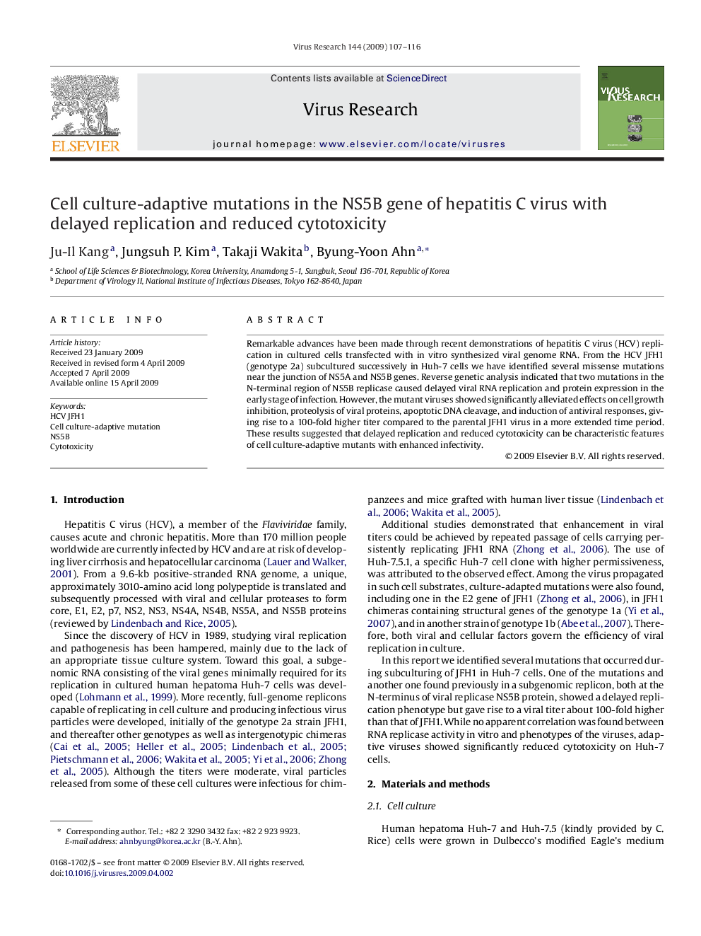 Cell culture-adaptive mutations in the NS5B gene of hepatitis C virus with delayed replication and reduced cytotoxicity