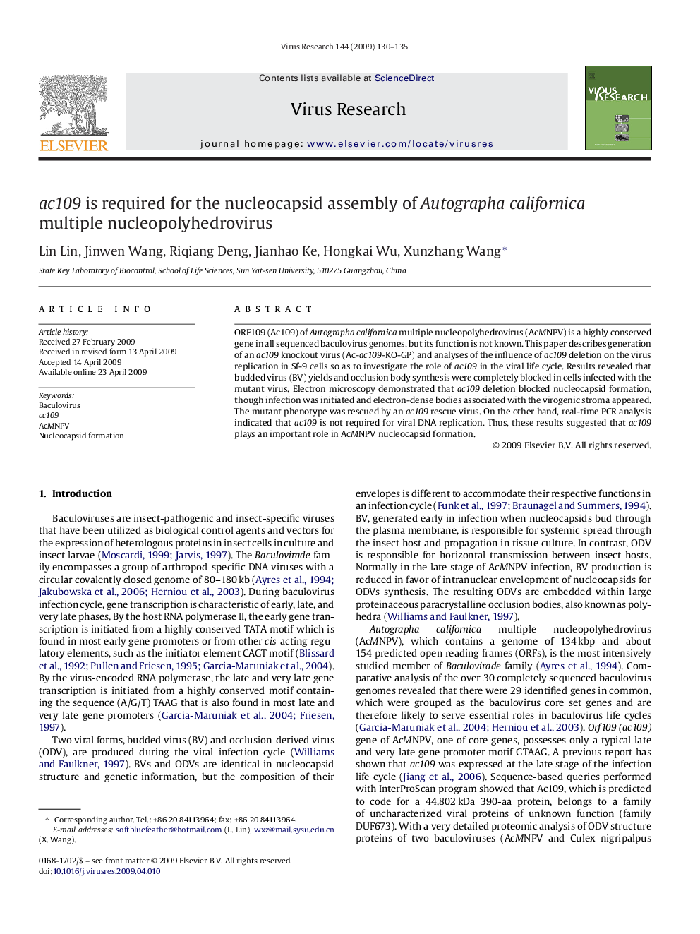 ac109 is required for the nucleocapsid assembly of Autographa californica multiple nucleopolyhedrovirus