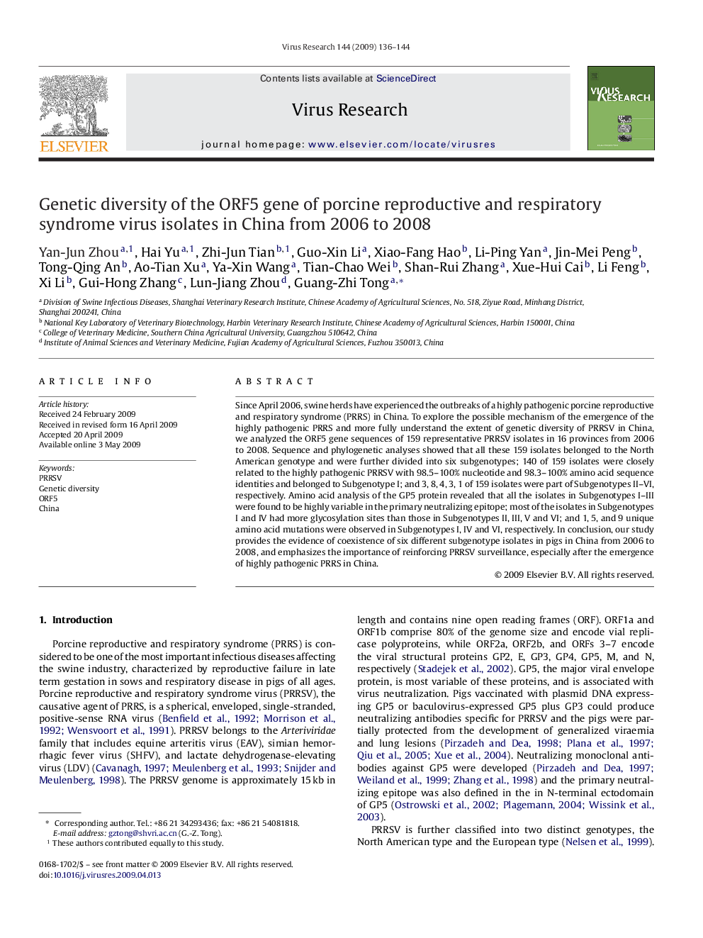 Genetic diversity of the ORF5 gene of porcine reproductive and respiratory syndrome virus isolates in China from 2006 to 2008