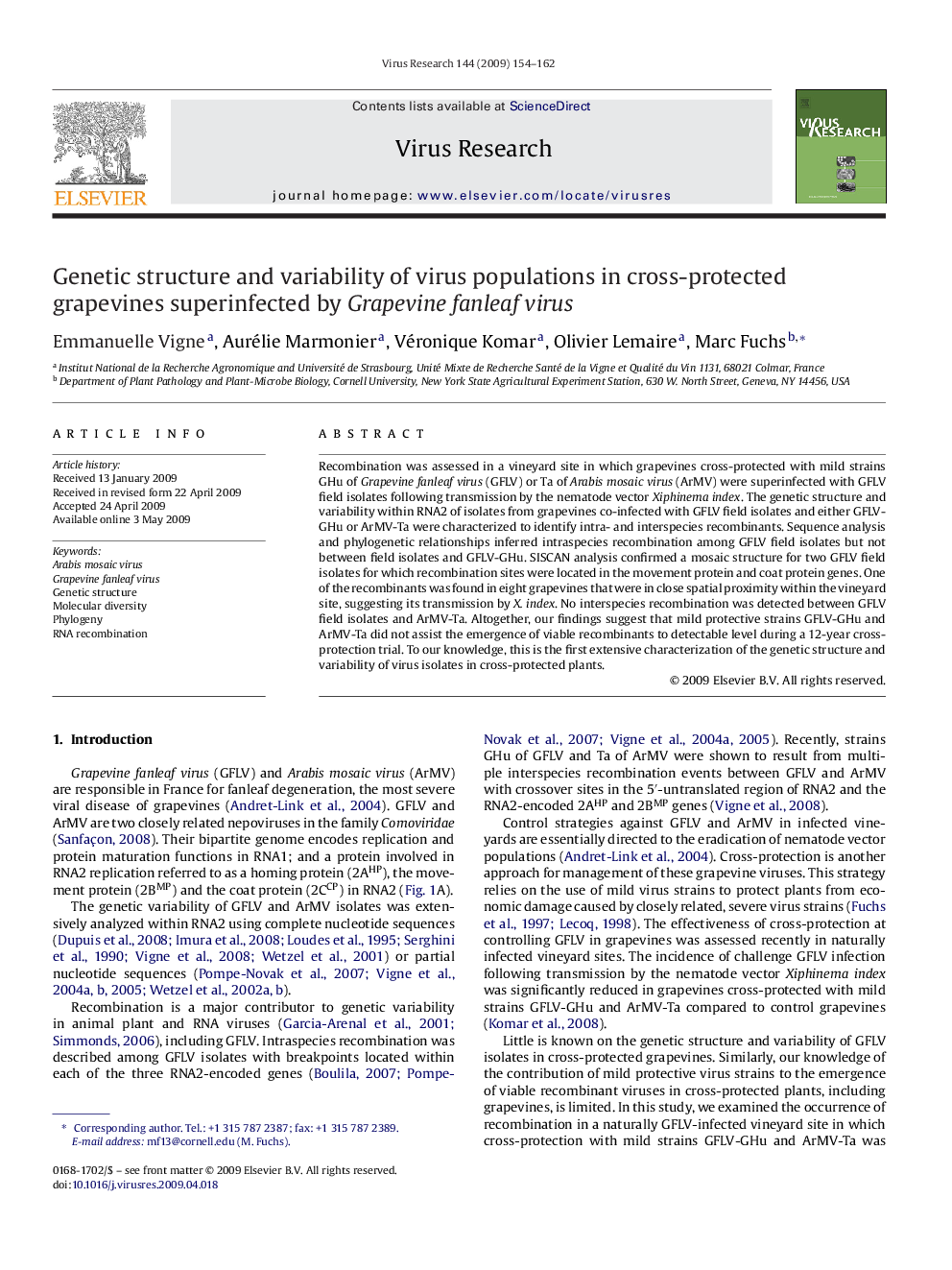 Genetic structure and variability of virus populations in cross-protected grapevines superinfected by Grapevine fanleaf virus