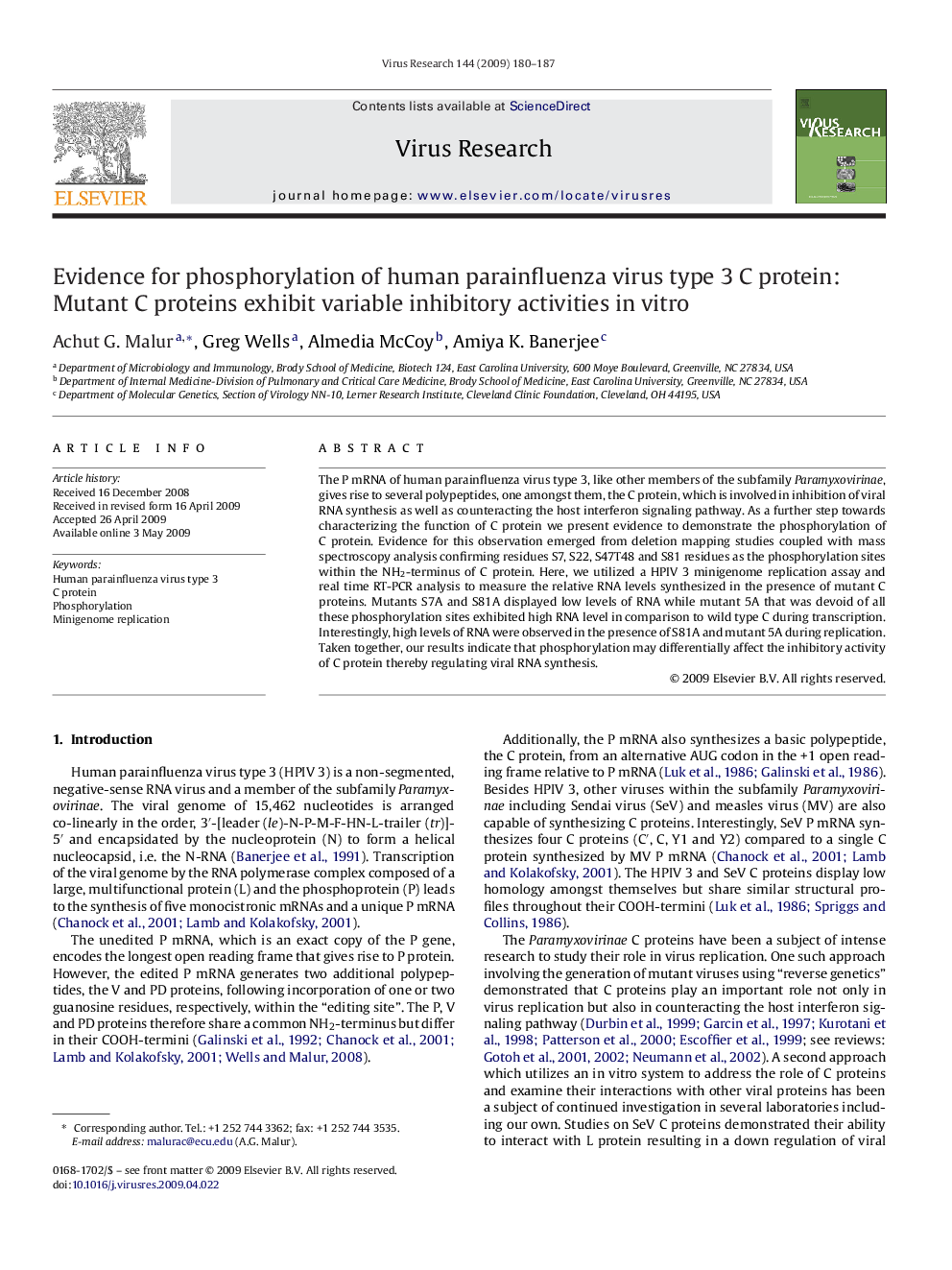 Evidence for phosphorylation of human parainfluenza virus type 3 C protein: Mutant C proteins exhibit variable inhibitory activities in vitro