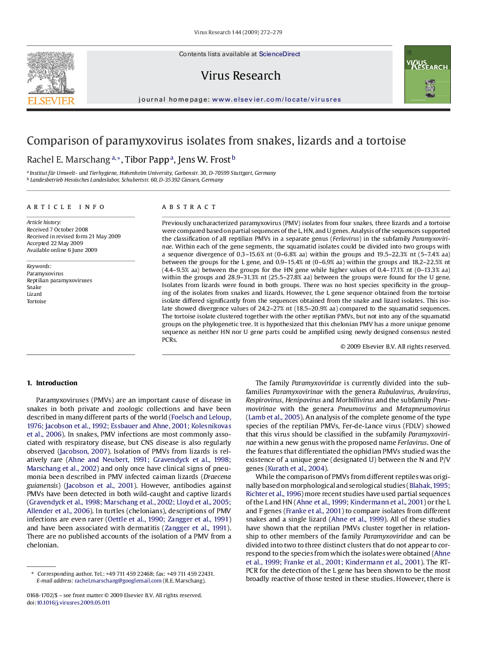 Comparison of paramyxovirus isolates from snakes, lizards and a tortoise