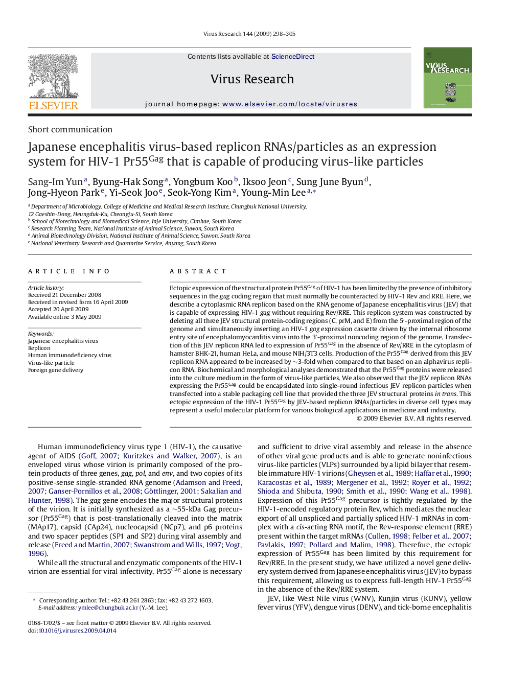 Japanese encephalitis virus-based replicon RNAs/particles as an expression system for HIV-1 Pr55Gag that is capable of producing virus-like particles