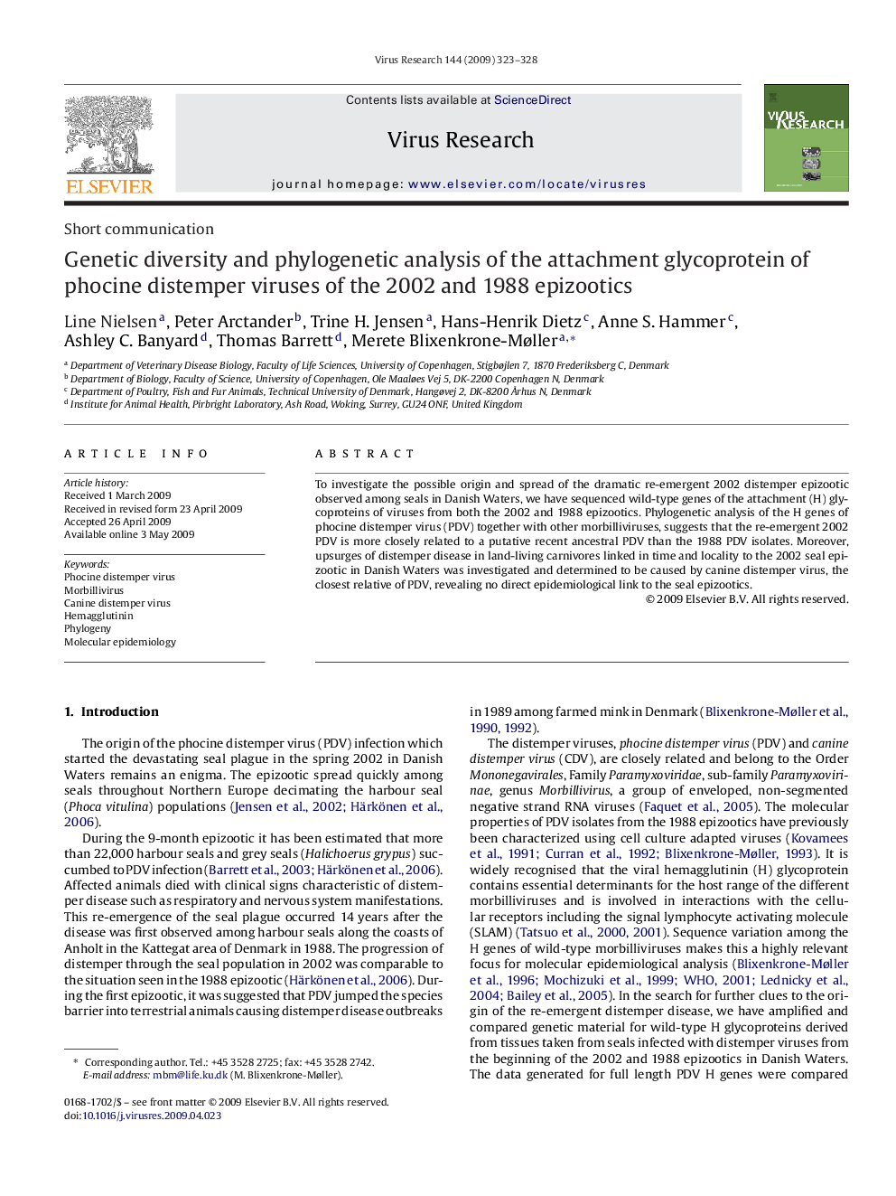 Genetic diversity and phylogenetic analysis of the attachment glycoprotein of phocine distemper viruses of the 2002 and 1988 epizootics