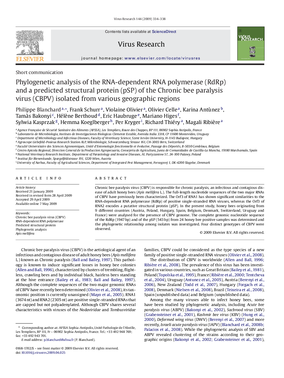 Phylogenetic analysis of the RNA-dependent RNA polymerase (RdRp) and a predicted structural protein (pSP) of the Chronic bee paralysis virus (CBPV) isolated from various geographic regions