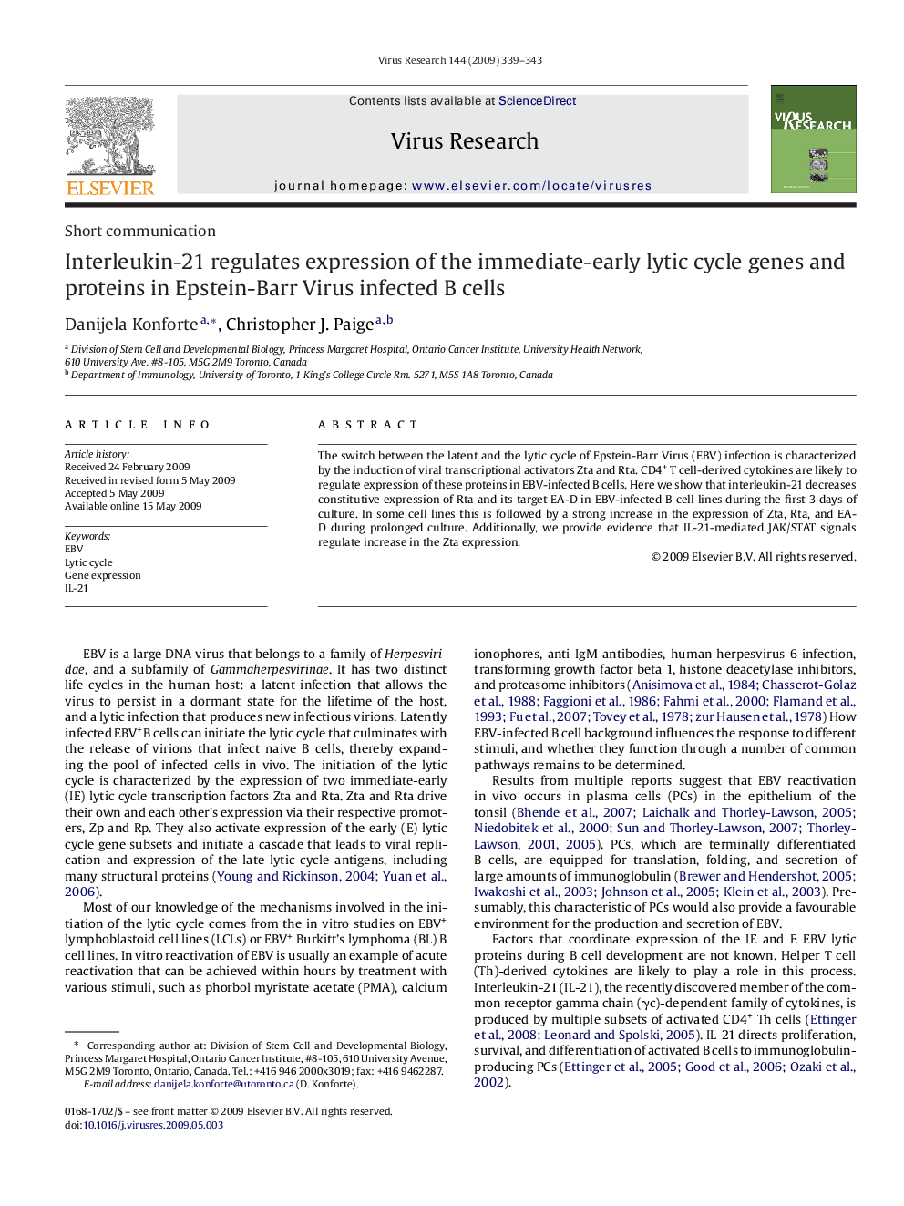 Interleukin-21 regulates expression of the immediate-early lytic cycle genes and proteins in Epstein-Barr Virus infected B cells