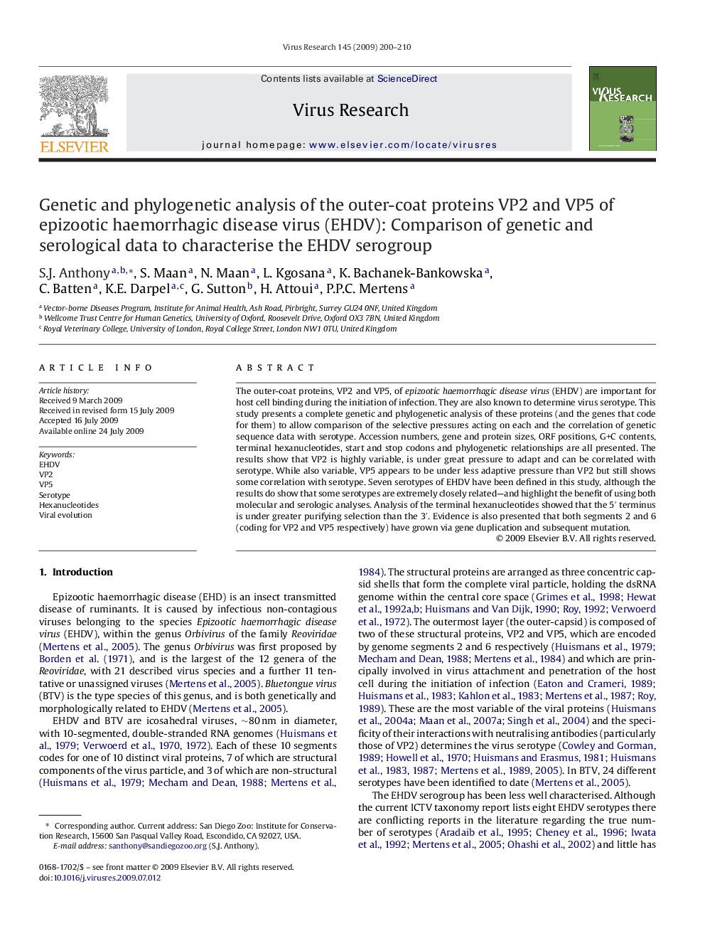 Genetic and phylogenetic analysis of the outer-coat proteins VP2 and VP5 of epizootic haemorrhagic disease virus (EHDV): Comparison of genetic and serological data to characterise the EHDV serogroup