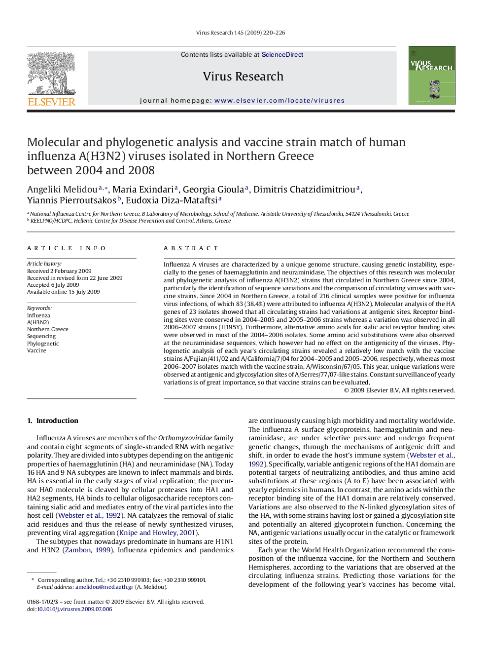 Molecular and phylogenetic analysis and vaccine strain match of human influenza A(H3N2) viruses isolated in Northern Greece between 2004 and 2008