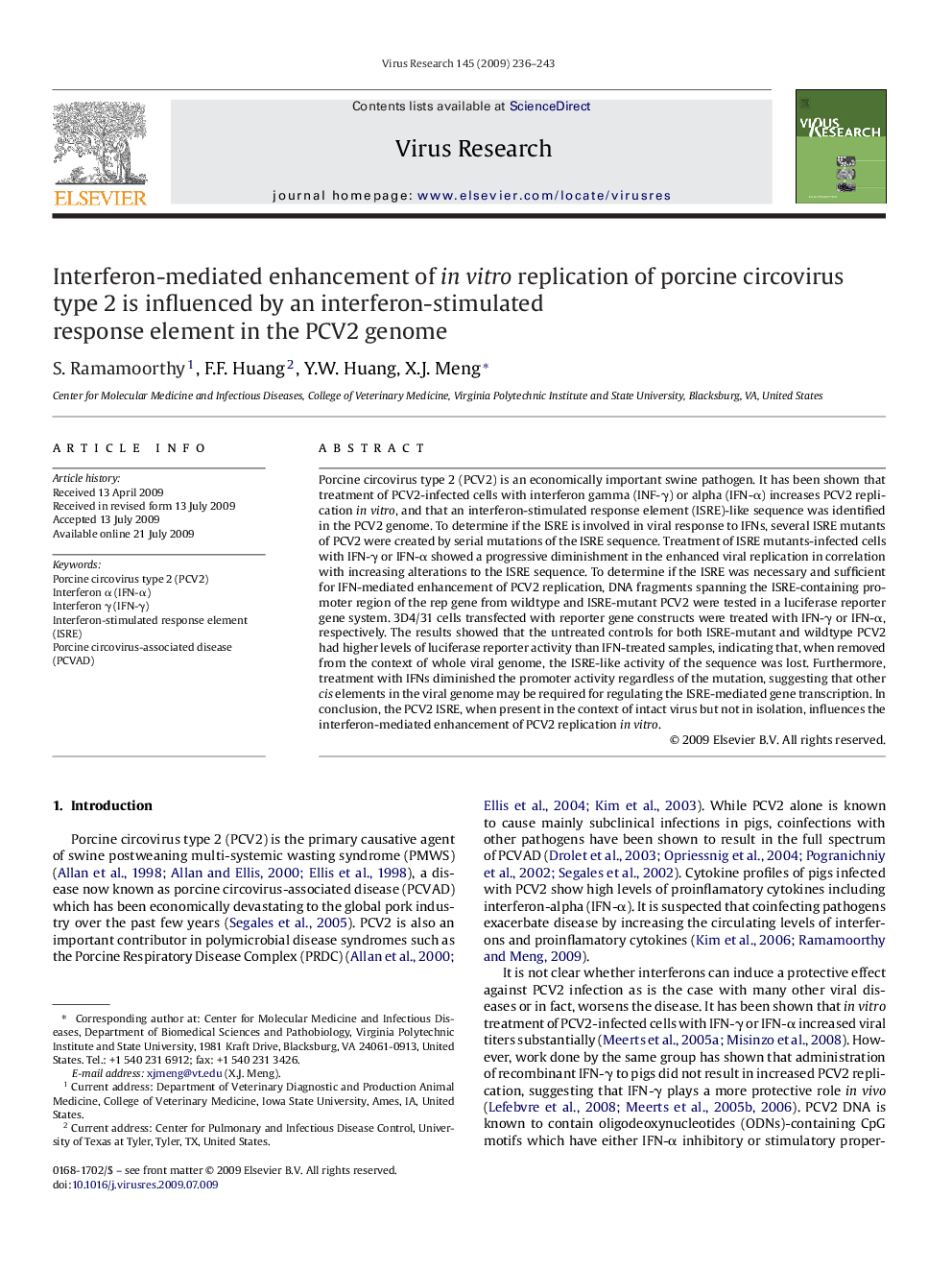 Interferon-mediated enhancement of in vitro replication of porcine circovirus type 2 is influenced by an interferon-stimulated response element in the PCV2 genome