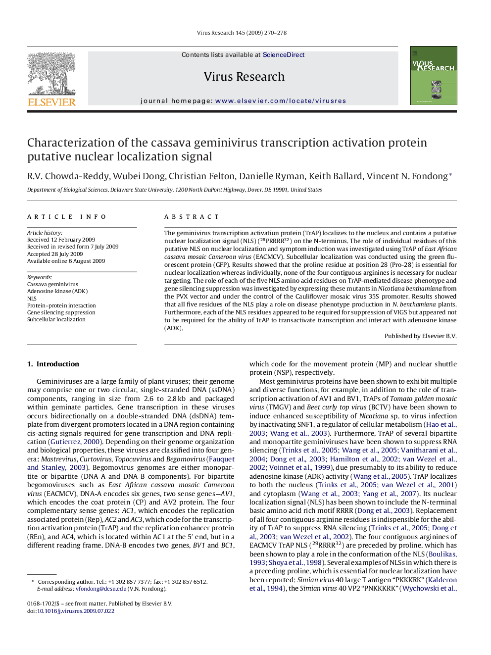 Characterization of the cassava geminivirus transcription activation protein putative nuclear localization signal