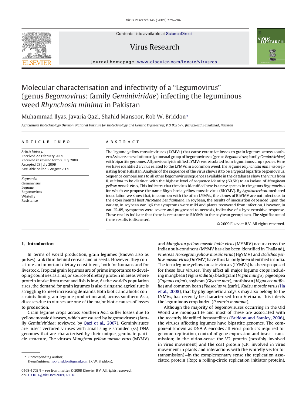 Molecular characterisation and infectivity of a “Legumovirus” (genus Begomovirus: family Geminiviridae) infecting the leguminous weed Rhynchosia minima in Pakistan