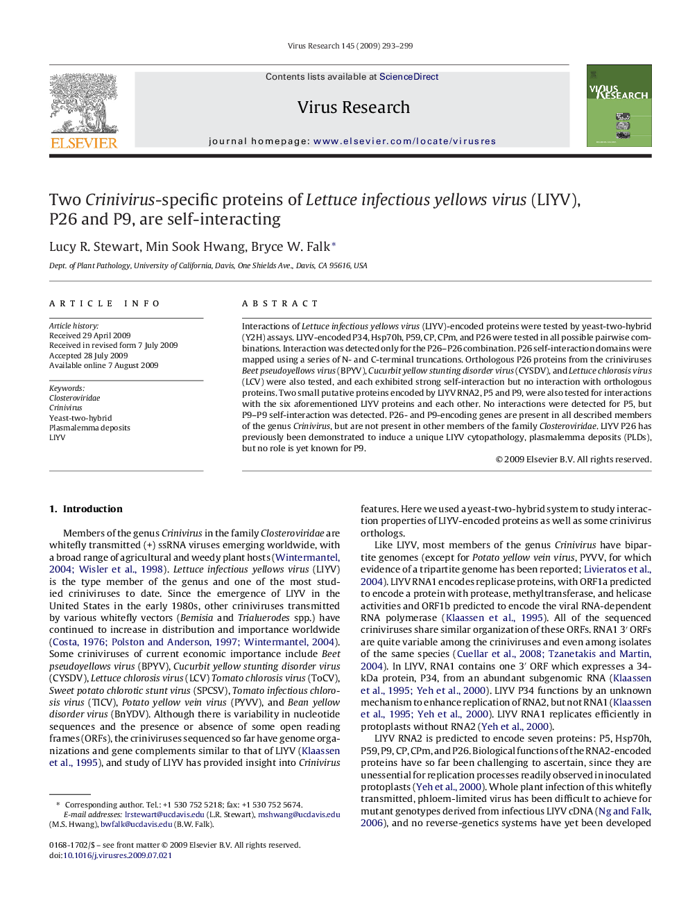 Two Crinivirus-specific proteins of Lettuce infectious yellows virus (LIYV), P26 and P9, are self-interacting