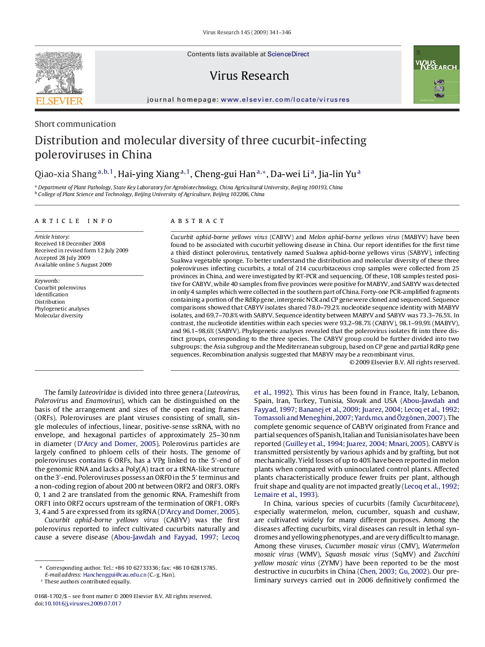 Distribution and molecular diversity of three cucurbit-infecting poleroviruses in China