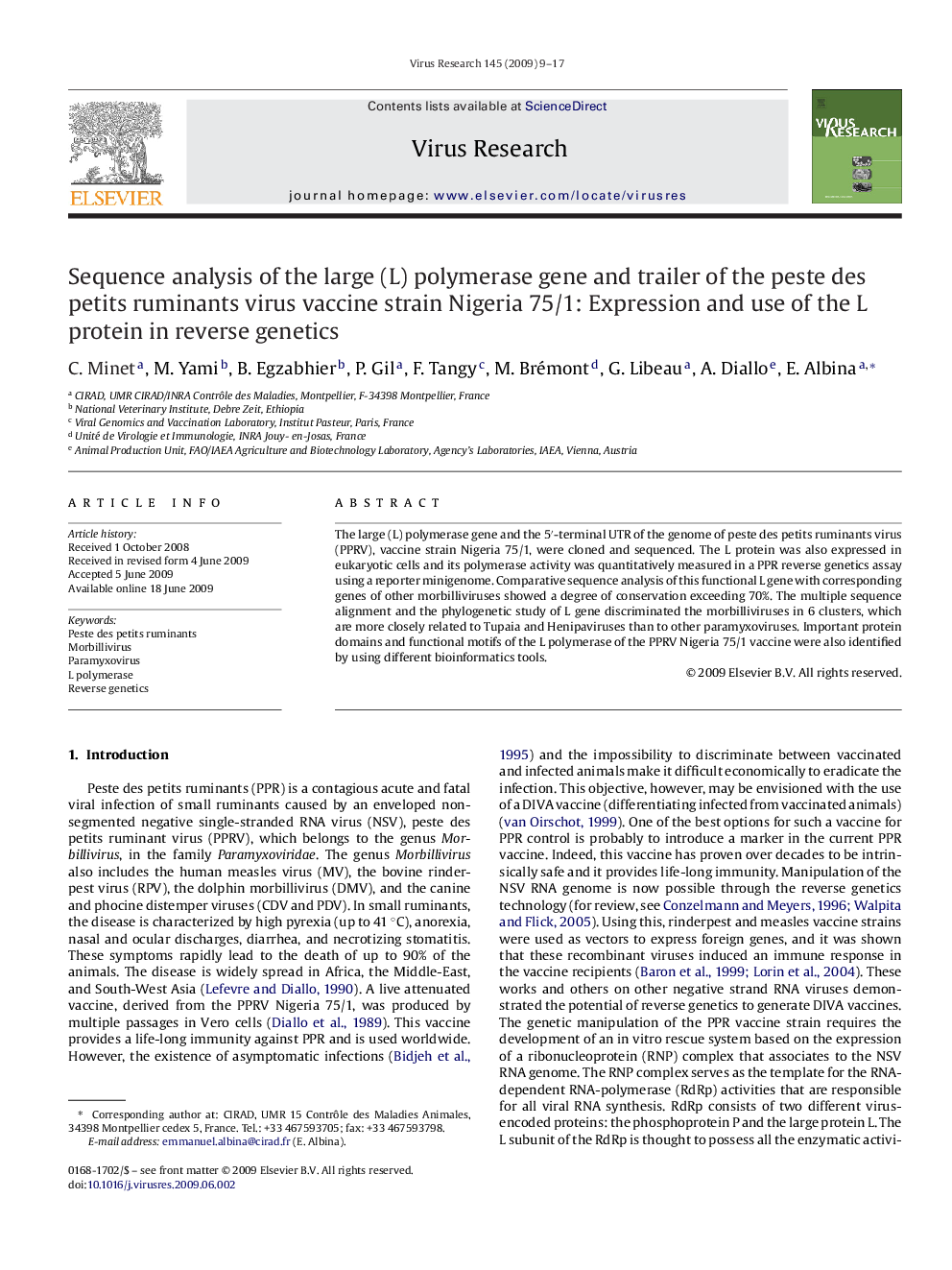 Sequence analysis of the large (L) polymerase gene and trailer of the peste des petits ruminants virus vaccine strain Nigeria 75/1: Expression and use of the L protein in reverse genetics