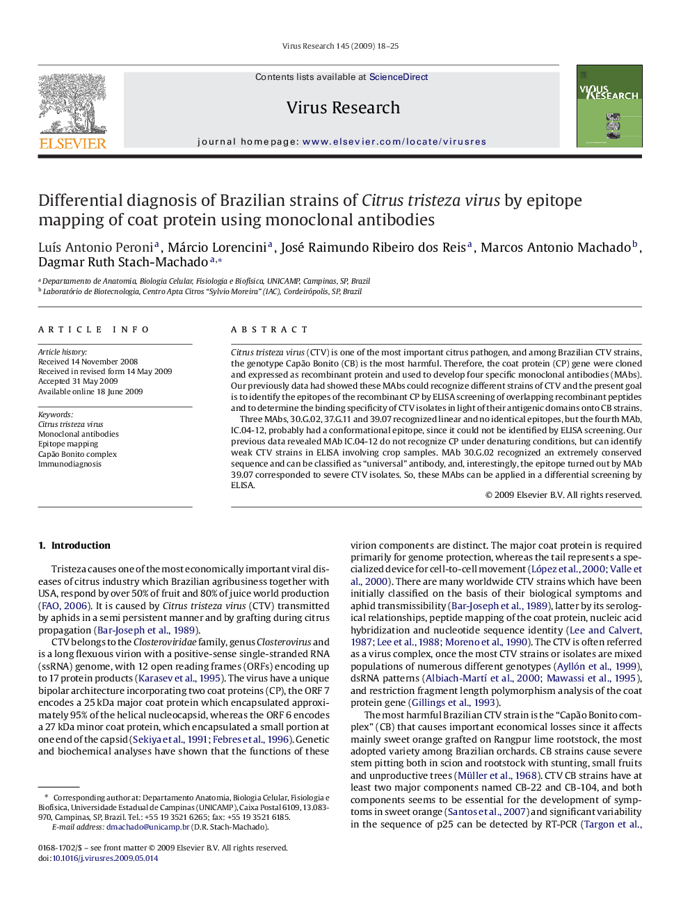 Differential diagnosis of Brazilian strains of Citrus tristeza virus by epitope mapping of coat protein using monoclonal antibodies