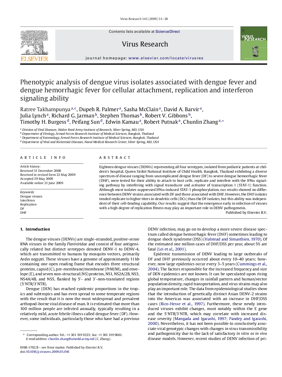 Phenotypic analysis of dengue virus isolates associated with dengue fever and dengue hemorrhagic fever for cellular attachment, replication and interferon signaling ability